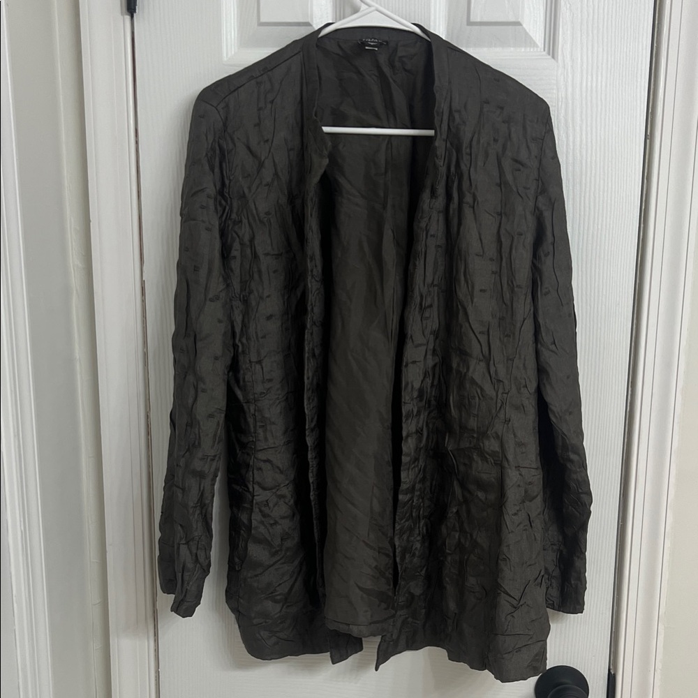 Eileen Fisher Dark Olive Textured Blazer Women’s Size L Sustainable Classic